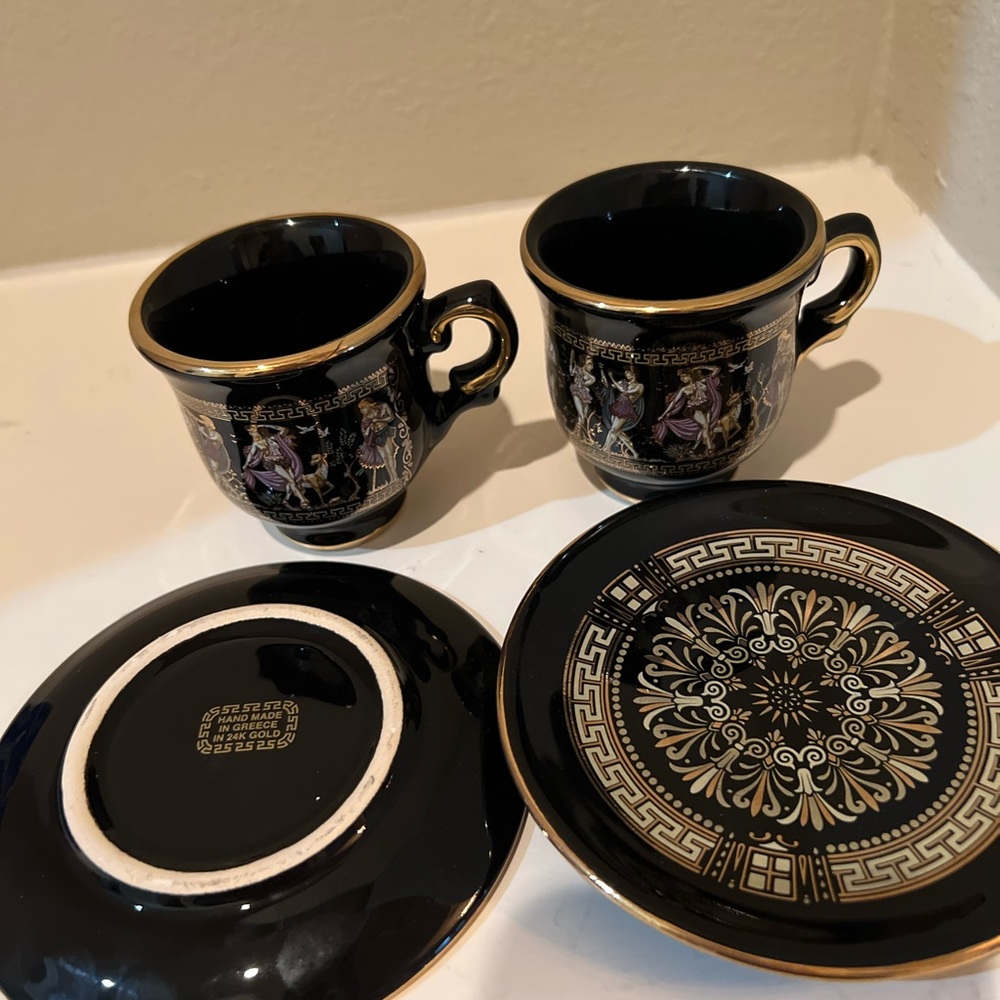 Handmade In Greece With 24k tea cups and saucers. Brand New in Box.